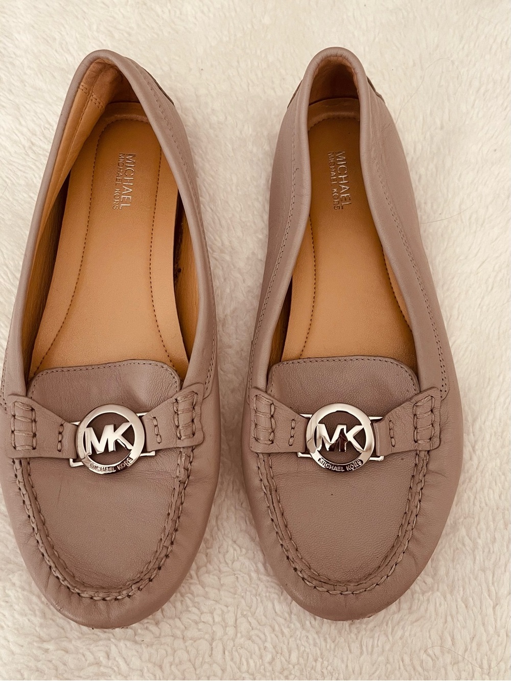 Michael Kors Taupe Leather MK Logo Penny Loafers